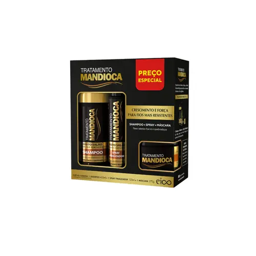 Kit Eico Tratamento Mandioca Shampoo 450ml + Spray Finalizador 120ml + Máscara 270g